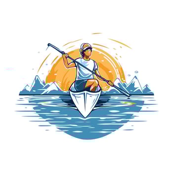 Man rowing a boat on the lake element illustration in retro style vector