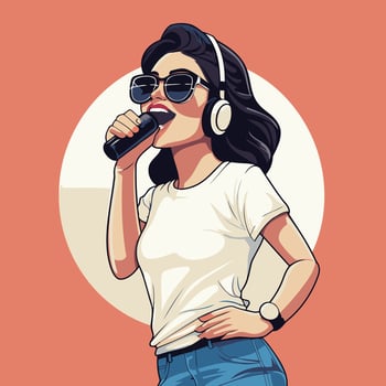 element illustration of a beautiful young woman singing into a microphone in headphones vector