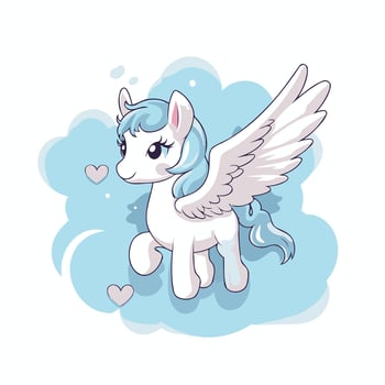 Cute cartoon white unicorn with wings on a cloud illustration vector