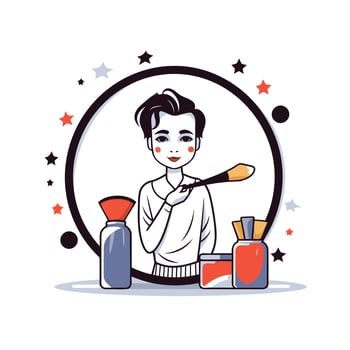 A woman is holding a brush and a bottle of perfume vector