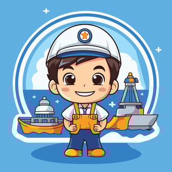 Cartoon sailor boy with a ship and a lighthouse vector