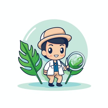 Cute cartoon boy with magnifying glass and palm leaf illustration vector