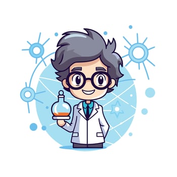 Scientist boy holding a bottle of water illustration in cartoon style vector