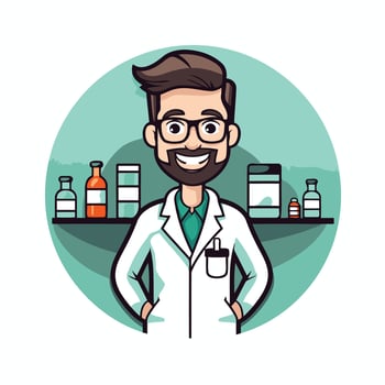 A cartoon man in a lab coat standing in front of a shelf of medicine bottles vector