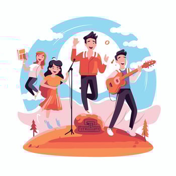 Music festival flat color illustration Cartoon people singing playing guitar singing songs on stage Concert concert entertainment concept vector