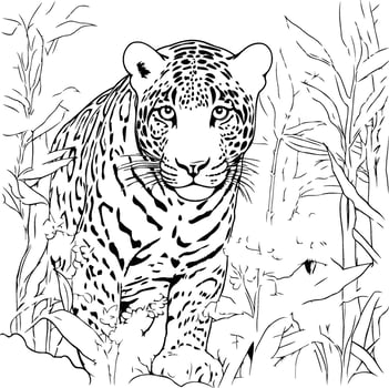 Jaguar in the jungle black and white illustration vector