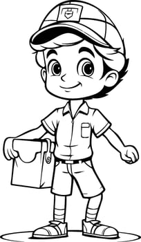 Black and White Cartoon Illustration of a Kid Boy Holding a Briefcase or Briefcase vector