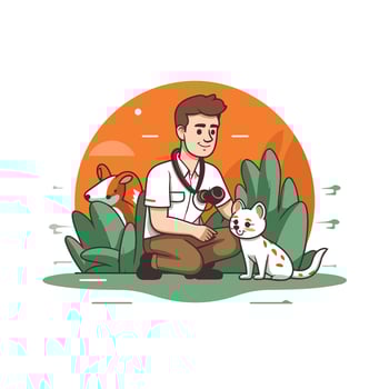 Veterinarian with cat and dog illustration in cartoon style vector