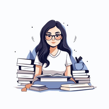 illustration of a girl with glasses and books Isolated on white background vector