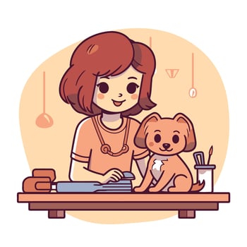 Cute girl with a dog at the veterinary clinic illustration vector