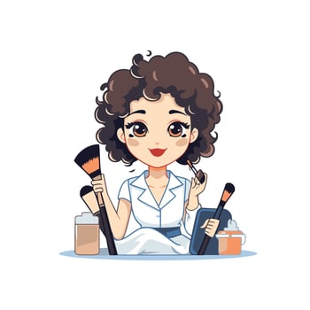 Girl with makeup brushes and cosmetics illustration in cartoon style vector