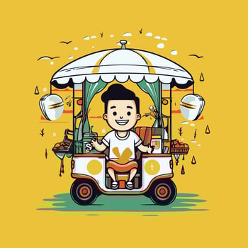 Illustration of a boy riding a car with food illustration vector