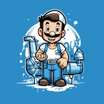 Plumber cartoon character illustration of a plumber holding a pipe vector