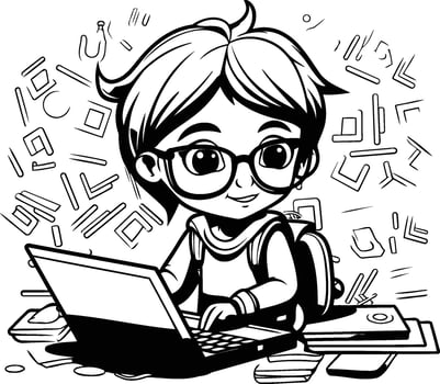 Cute schoolboy in glasses with laptop and books illustration vector