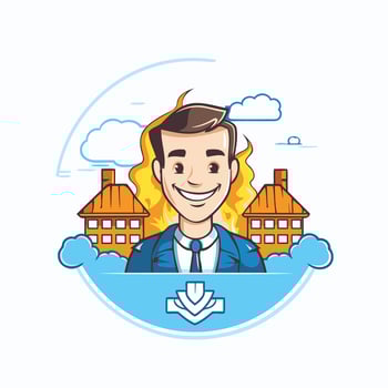 Smiling businessman in front of nuclear power plant illustration vector