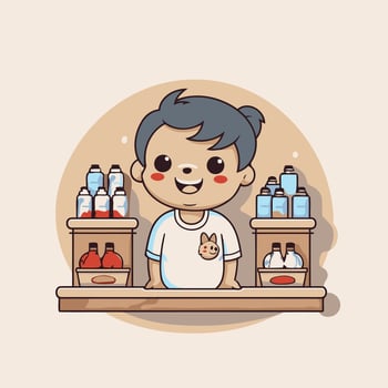 Cute little boy in the pet shop cartoon illustration vector