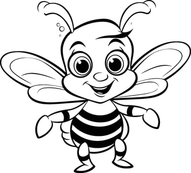 Cute cartoon bee Black and white illustration for coloring book vector