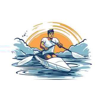 Man rowing on a kayak in the sea illustration vector