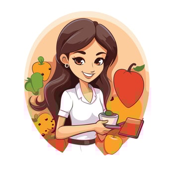 Cute girl with fruits and vegetables illustration in cartoon style vector