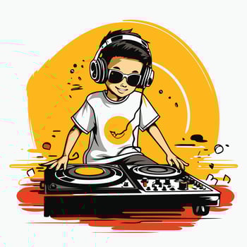 Dj playing music with headphones illustration in cartoon style vector