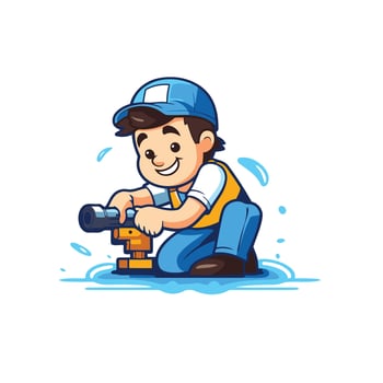 A cartoon man in blue overalls and hat holding a drill vector