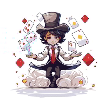 Cute magician with a magic wand and playing cards illustration vector