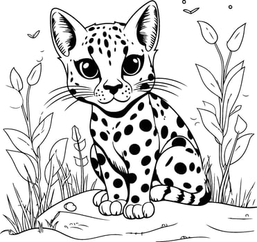 Cute cartoon leopard sitting in the grass Black and white illustration vector