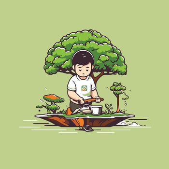 Cute boy watering a tree in the garden illustration vector