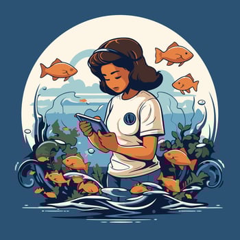 Girl with a mobile phone in the hands of the sea illustration vector