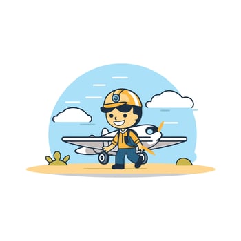 Cute boy pilot with airplane illustration in cartoon style vector