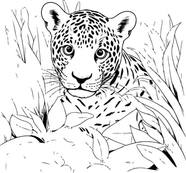 Jaguar in the jungle Hand drawn illustration Monochrome sketch vector