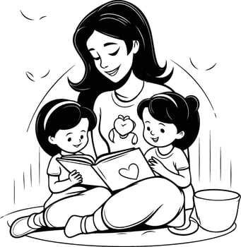 Mother reading a book with her children Black and white illustration vector