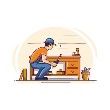 Carpenter working on a table illustration in flat style vector