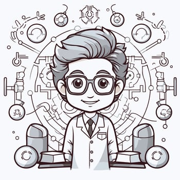 illustration of a boy in a lab coat and glasses Cartoon style vector