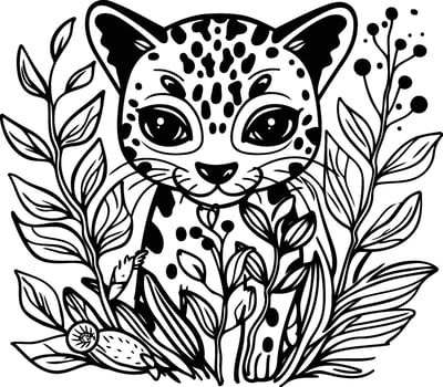 Cute leopard with flowers and leaves illustration in doodle style vector