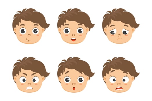 Set of portraits of cute faces of boys with different emotions. Illustration, cartoon style, vector