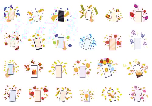 Phone confetti icons set cartoon vector. Party smart vector