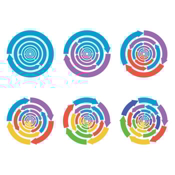 Swirl arrow whirlpool and vortex, weather cyclones set, direction way. Vector illustration. Vortex loop, curved clip-art, colorful creative whirl, rotation brust, abstract spin lines