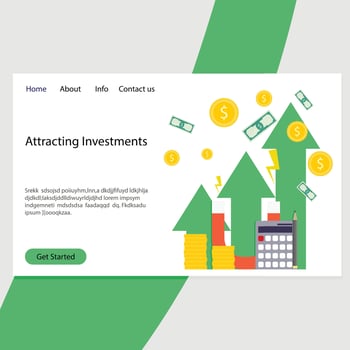 Attracting investments to launch startup or business landing page. Vector illustration. Startup cash, financial idea, money profit, income rich strategy, invest currency, make banking succes