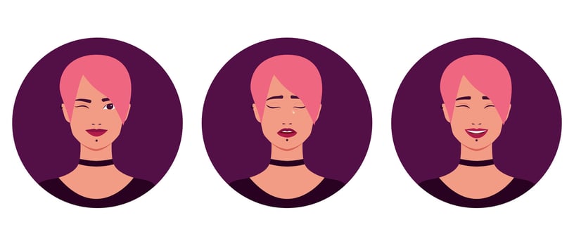 Set of portraits of a beautiful informal young woman with pink hair and piercing. Smiling and winking, crying and laughing girl. Vector illustration