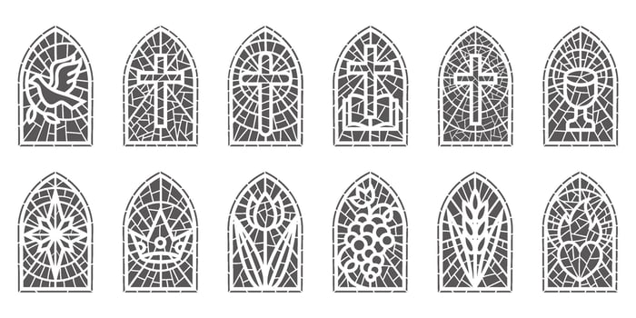 Church glass windows. Stained mosaic catholic and Christian frames with cross. Gothic medieval outline arches isolated on white background vector