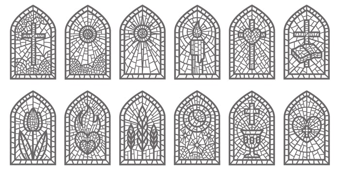 Glass church windows with mosaic. Religious catholic and christian frames with pattern. Medieval stained arches isolated on white background vector