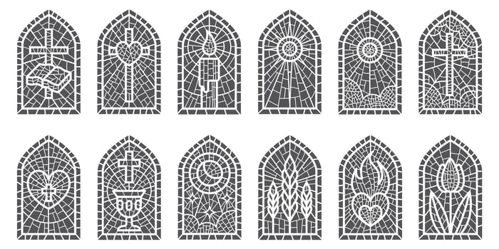 Glass church windows with mosaic. Religious catholic and christian frames with pattern. Medieval stained arches isolated on white background vector