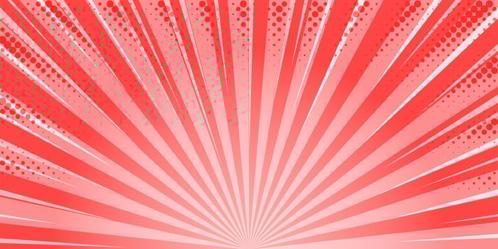 Starburst red comic background. Superhero pop art cartoon banner. Striped sun rays retro wallpaper with halftone effect. Radial pink poster. vector