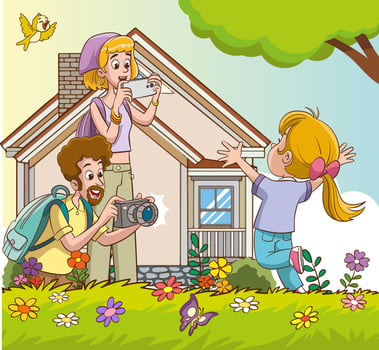 Happy family taking a selfie in a meadow with flowers and butterflies. vector
