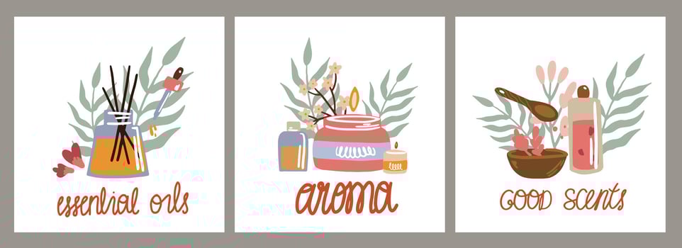 Set of posters for aromatherapy and essential oils. The concept of health and relaxation. vector