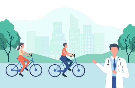 Couple healthcare concept, doctor suggest couple to exercise  for healthy life vector illustration