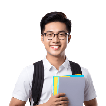 AI generated Asian male student smiling happily on PNG transparent background. Study success concept.