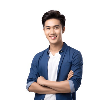 AI generated Asian male student smiling happily on PNG transparent background. Study success concept.