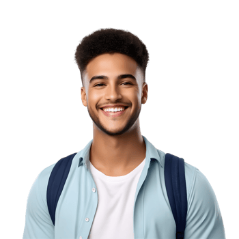 AI generated White American male student smiling happily on PNG transparent background. Success in education concept.